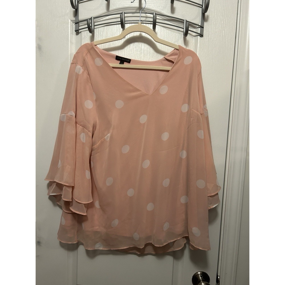Lane Bryant Chic Pink white Polka Dot Blouse women's 14/16 kimono sleeve v-neck